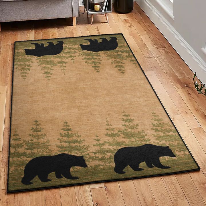 Pine Modern Area Rugs, Rustic Black Bear And Pine Tree Rug, Rustic Rug, Rustic Lodge Area Rugs, Carpet for Living Room A31