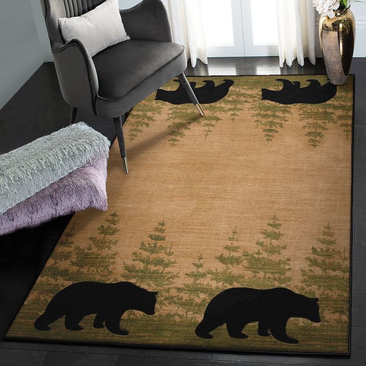 Pine Modern Area Rugs, Rustic Black Bear And Pine Tree Rug, Rustic Rug, Rustic Lodge Area Rugs, Carpet for Living Room A31