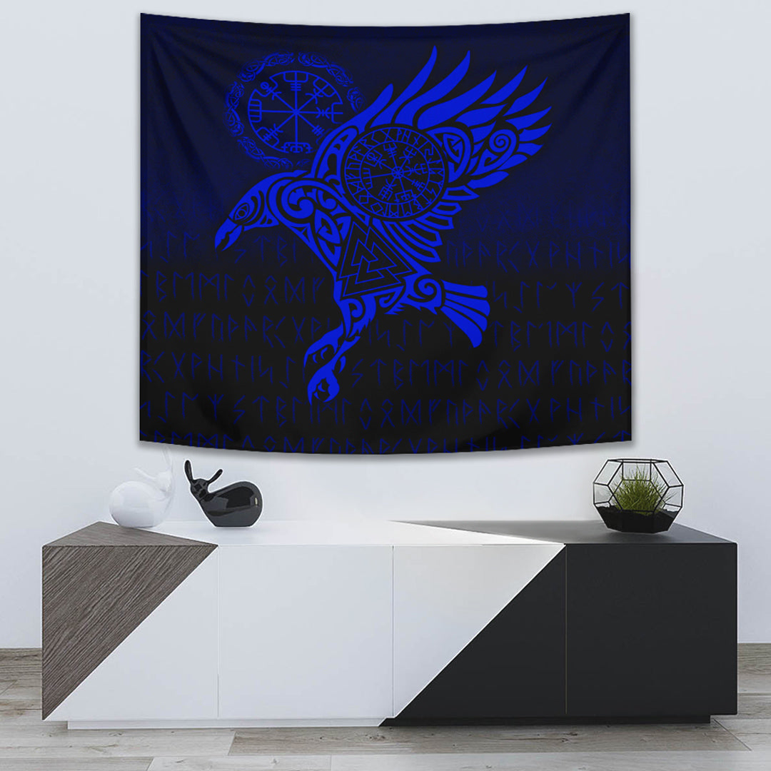 Raven Vegvisir Tattoo Blue Version Tapestry for Wall Décor