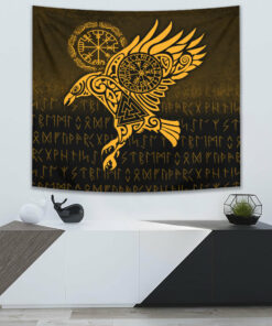 Raven Vegvisir Tattoo Gold Version Tapestry for Wall Décor