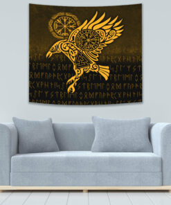 Raven Vegvisir Tattoo Gold Version Tapestry for Wall Décor