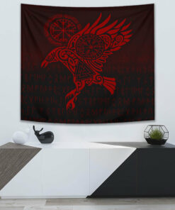 Raven Vegvisir Tattoo Red Version Tapestry for Wall Décor