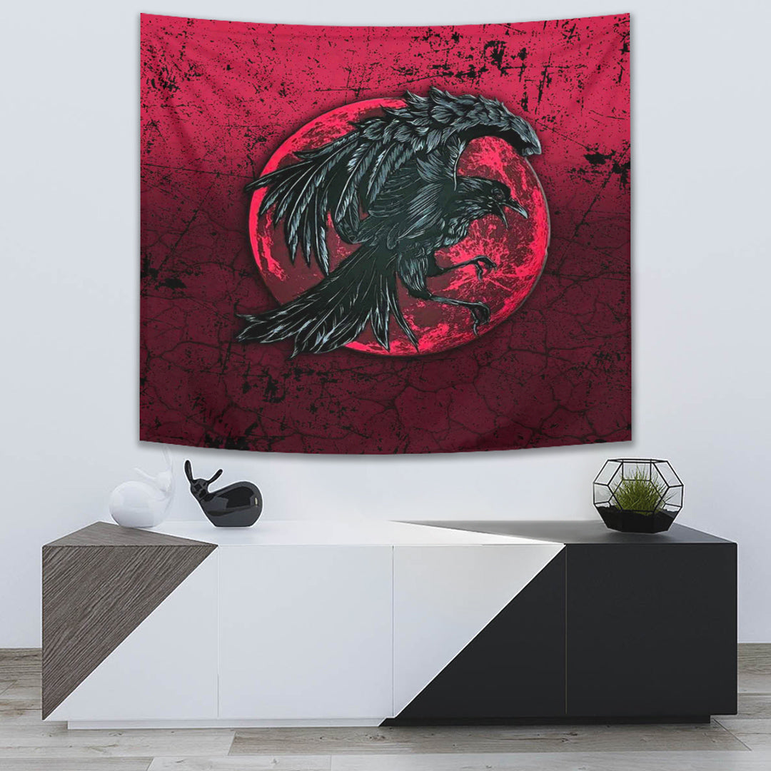 Raven and Blood Moon Brush Style Tapestry for Wall Décor