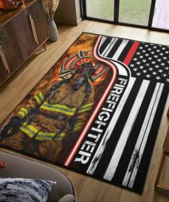 Rescue Fire Firefighter Fire Department Logo with American Flag Firefighter Area Rug, Fireman Carpet, Firefighter Rugs for Living Room Bedroom Gifts for Dad, Son, Fireman, Firefighter Lovers