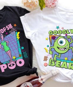 Retro 90s Pixar Monsters Inc Mike Wazowski Googly Bear and Celia Schmoopsie Poo T-shirt, Disney Couples Matching Tee, Disneyland Valentine Gift Adult Kid Toddler Tee