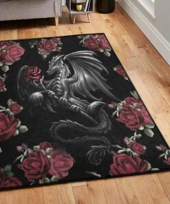 Rose Indoor Outdoor Rugs, Roses And Dragon Rug, Dragon Area Rug, Dragon Themed Rugs, Gift For Dragon Lovers, Personalized Rug, Carpet For Living Room, Bedding Room Home Decor DG146