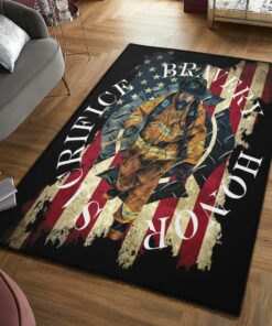 Sacrifice Bravery Honor Firefighter Fire Department Logo Rugs, Firefighter Area Rug, Fireman Carpet Gifts for Dad, Son, Fireman, Firefighter Lovers