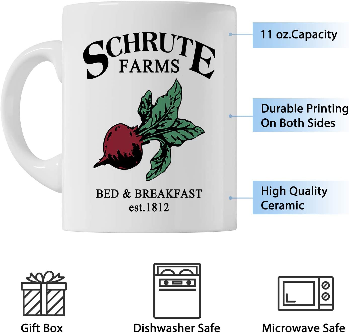 Schrute Farms, Bed And Breakfast Est.1812, Office 11 Ounces Funny White Coffee Mug- The Office - Ceramic Coffee Mug - Tea Mug - Great Gift Idea
