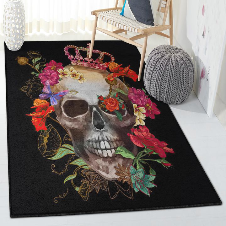 Skull Dining Room Rug, Crowned Floral Skull Rug, Skull Area Rug, Skull Rug for Living Room Bedroom Home Skull A21