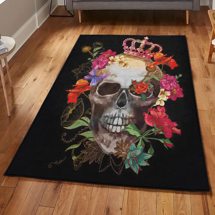 Skull Dining Room Rug, Crowned Floral Skull Rug, Skull Area Rug, Skull Rug for Living Room Bedroom Home Skull A21