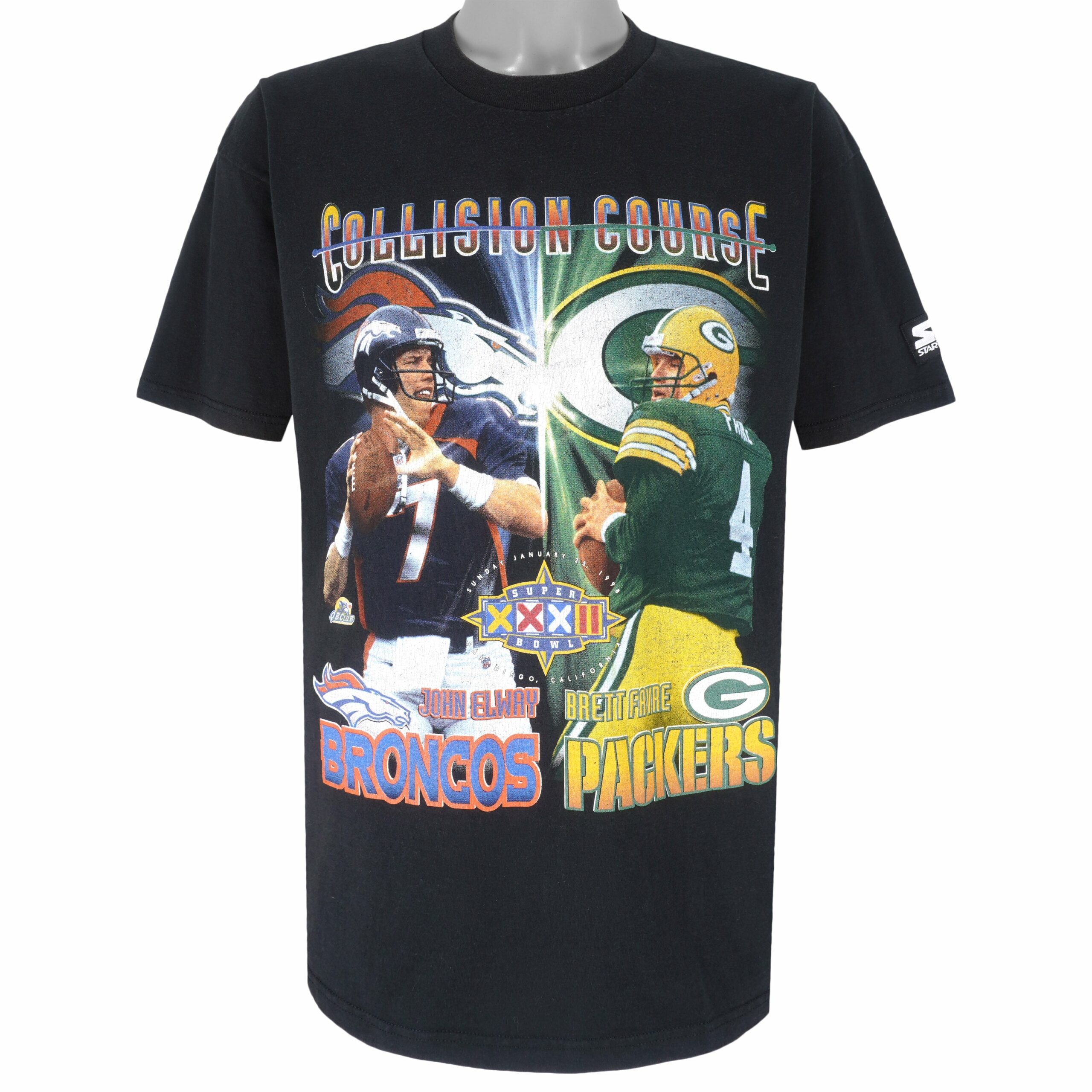 Starter Broncos John Elway VS Packers Brett Favre Collision Course T-Shirt 1998 Vintage Style Hoodie Sweatshirt Reprinted Full Size Gifts for Fans