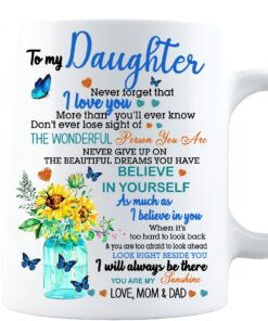 To My Daughter Beautiful Butterfly And Sunflower From Mom Or Dad - Custom Name Coffee Mug Gifts For Daughter On Christmas, Mothers Day, Birthday, Wedding, Graduation, Valentines