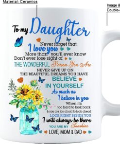 To My Daughter Beautiful Butterfly And Sunflower From Mom Or Dad - Custom Name Coffee Mug Gifts For Daughter On Christmas, Mothers Day, Birthday, Wedding, Graduation, Valentines