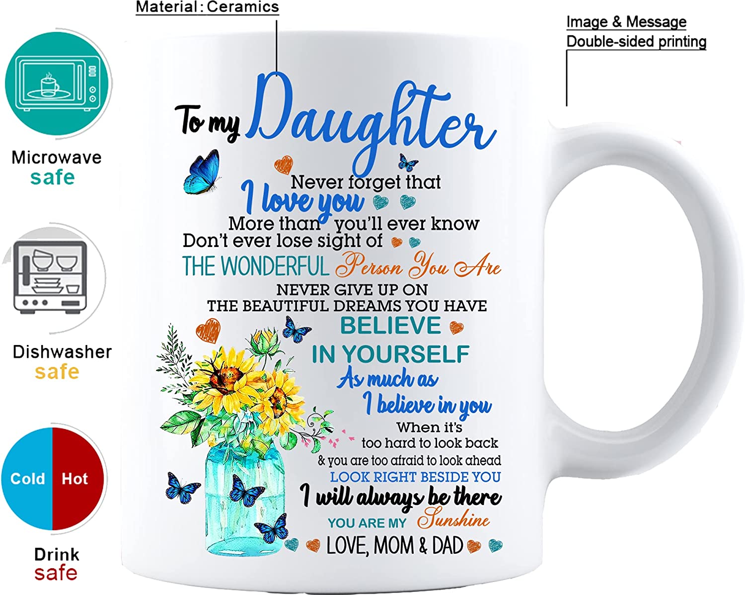 To My Daughter Beautiful Butterfly And Sunflower From Mom Or Dad - Custom Name Coffee Mug Gifts For Daughter On Christmas, Mothers Day, Birthday, Wedding, Graduation, Valentines