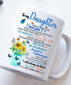 To My Daughter Beautiful Butterfly And Sunflower From Mom Or Dad - Custom Name Coffee Mug Gifts For Daughter On Christmas, Mothers Day, Birthday, Wedding, Graduation, Valentines