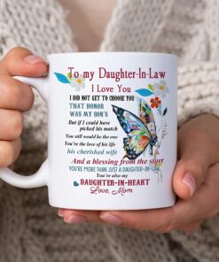 To My Daughter-In-Law I Love You Butterfly My Daughter-In-Heart 11Oz White Ceramic Coffee Tea Mug, Gifts For Women Girls Daughter-In-Law From Mom Mother-In-Law On Birthday Wedding Engagement