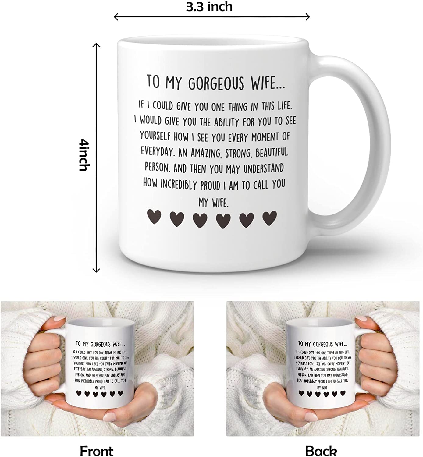 To My Gorgeous Wife Hearts Ceramic Double Side Printed Mug Cup,Personalized Wife Romantic Gift Coffee Milk Tea Mug Cup,Anniversary Valentine Birthday Gift For Wife