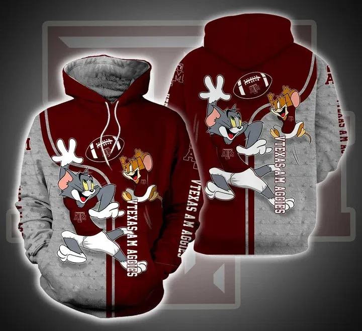 Tom And Jerry Play Football For Texas A&M Aggies 3D All Over Print Zip Hoodie Gifts For Ncaa Fans