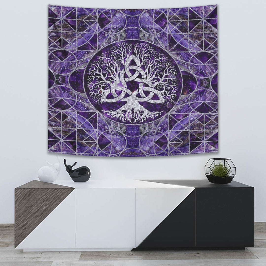 Tree of Life with Triquetra Amethyst and Silver Tapestry for Wall Décor