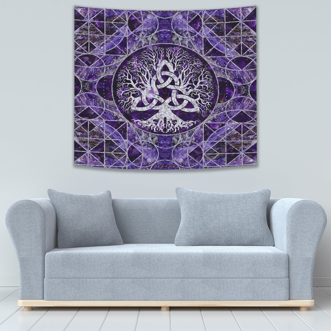 Tree of Life with Triquetra Amethyst and Silver Tapestry for Wall Décor