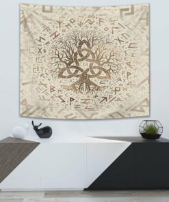 Tree of Life with Triquetra and Futhark Pastel Gold Tapestry for Wall Décor