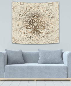 Tree of Life with Triquetra and Futhark Pastel Gold Tapestry for Wall Décor