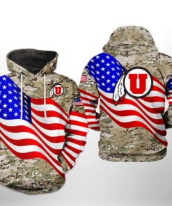 Utah Utes Ncaa Us Flag Camo Veteran 3D All Over Print Hoodie, Zip-Up Hoodie
