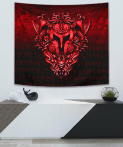 Valhalla Awaits Viking Skull Warrior Axe Tapestry for Wall Décor
