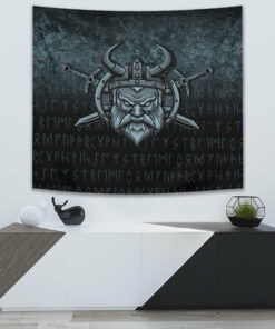 Viking Head Of Fierce Wolf Against The Background Of Swords Tapestry for Wall Décor