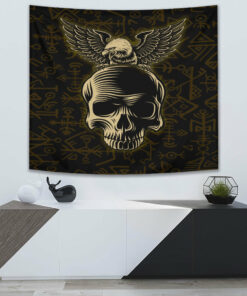 Viking Odin Skull With Weapon Tapestry for Wall Décor