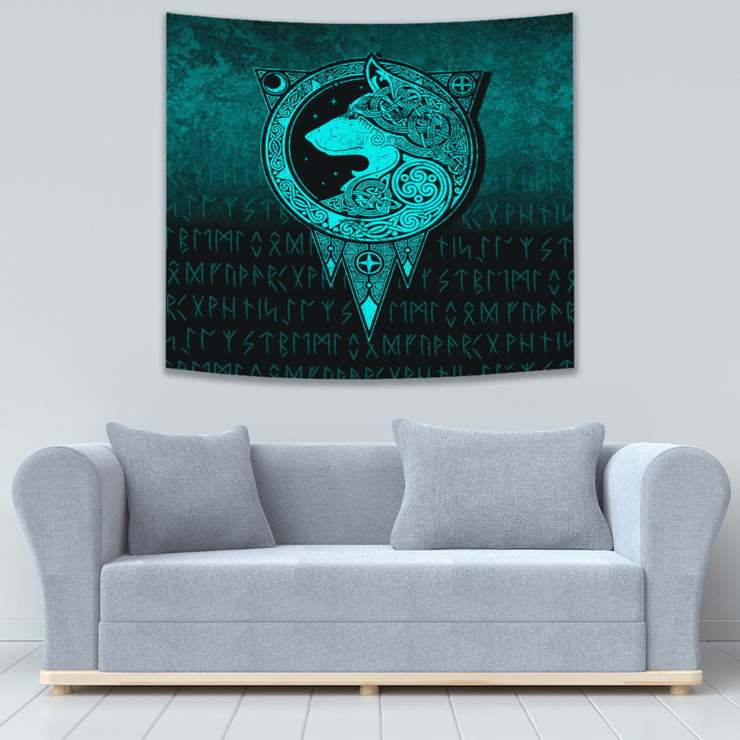 Viking Style Norse Wolf Cyan Version Tapestry for Wall Décor