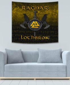 Viking Style Skull Wearing Helmet Over Crossed Battle Axes Tapestry for Wall Décor
