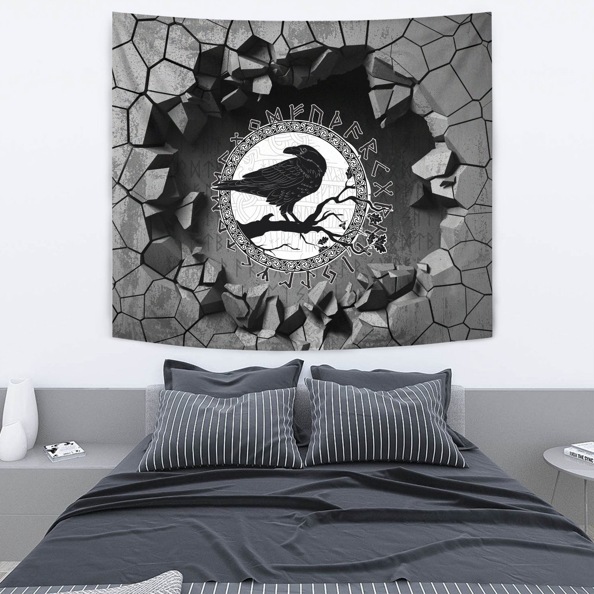 Viking Style Tapestry Black Crow Sitting On Branch Of An Oak Tree Tapestry for Wall Décor
