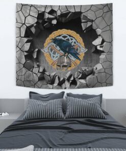Viking Style Tapestry Black Crow Sitting On Helmet With Two Crossed Axes Tapestry for Wall Décor