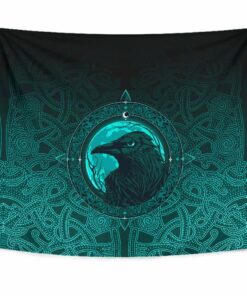 Viking Style Tapestry Ethnic Odin Raven Cyan for Wall Décor