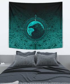Viking Style Tapestry Ethnic Odin Raven Cyan for Wall Décor