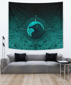 Viking Style Tapestry Ethnic Odin Raven Cyan for Wall Décor
