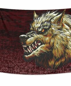 Viking Style Tapestry Fenrir On The Blood Moon Background for Wall Décor