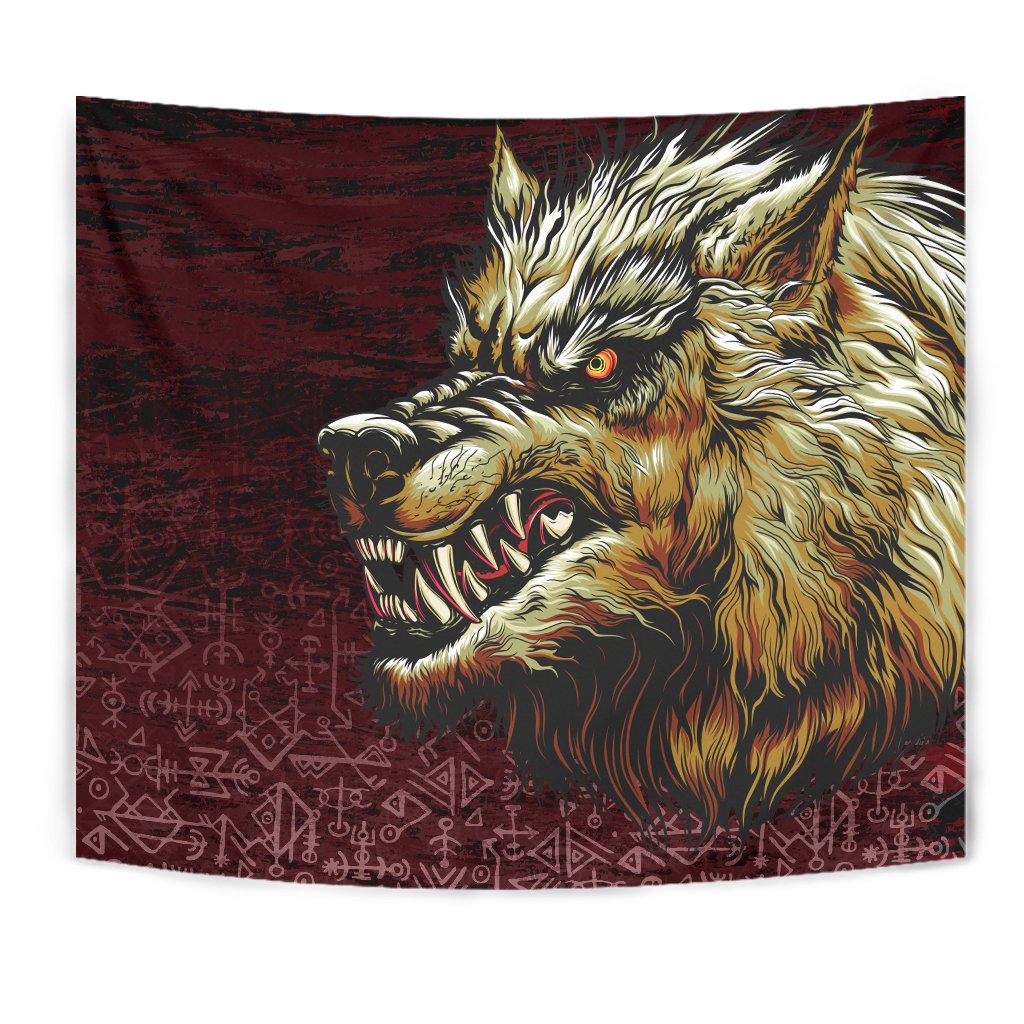 Viking Style Tapestry Fenrir On The Blood Moon Background for Wall Décor