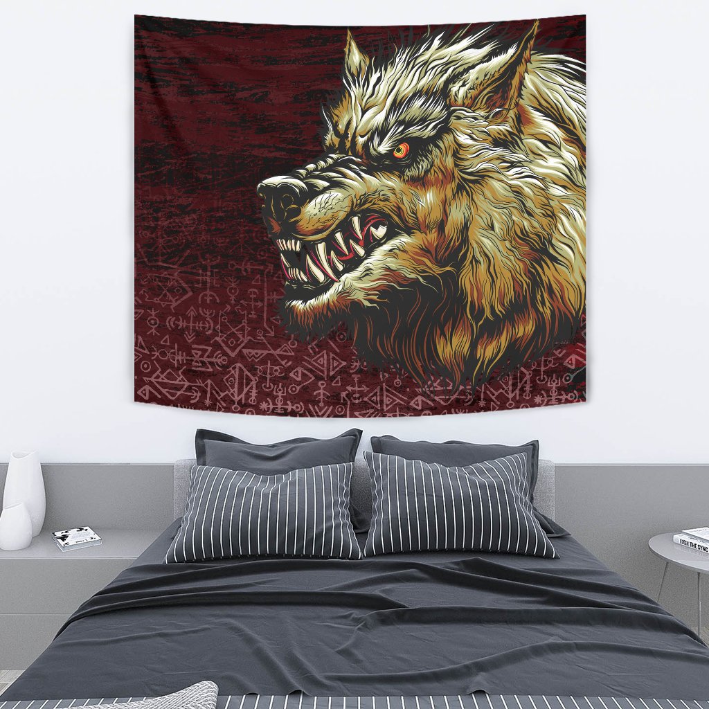 Viking Style Tapestry Fenrir On The Blood Moon Background for Wall Décor