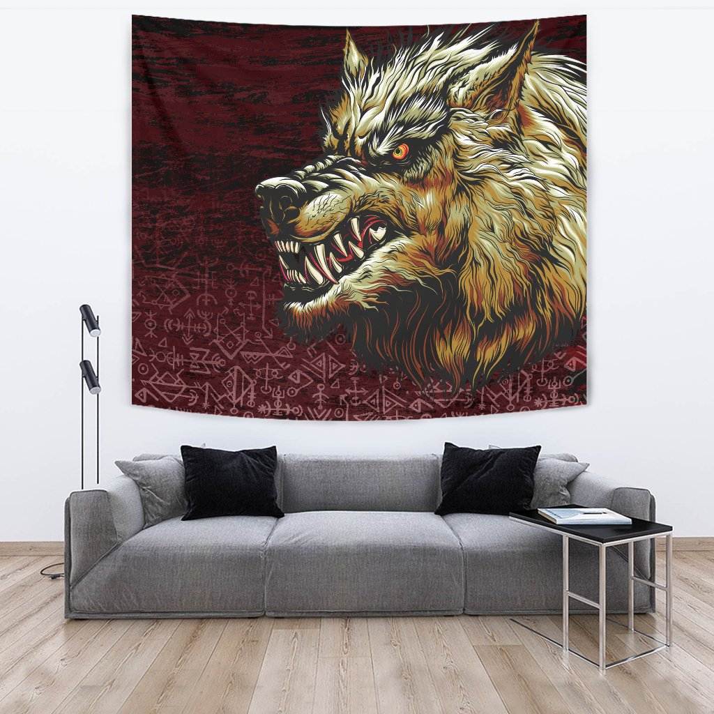 Viking Style Tapestry Fenrir On The Blood Moon Background for Wall Décor