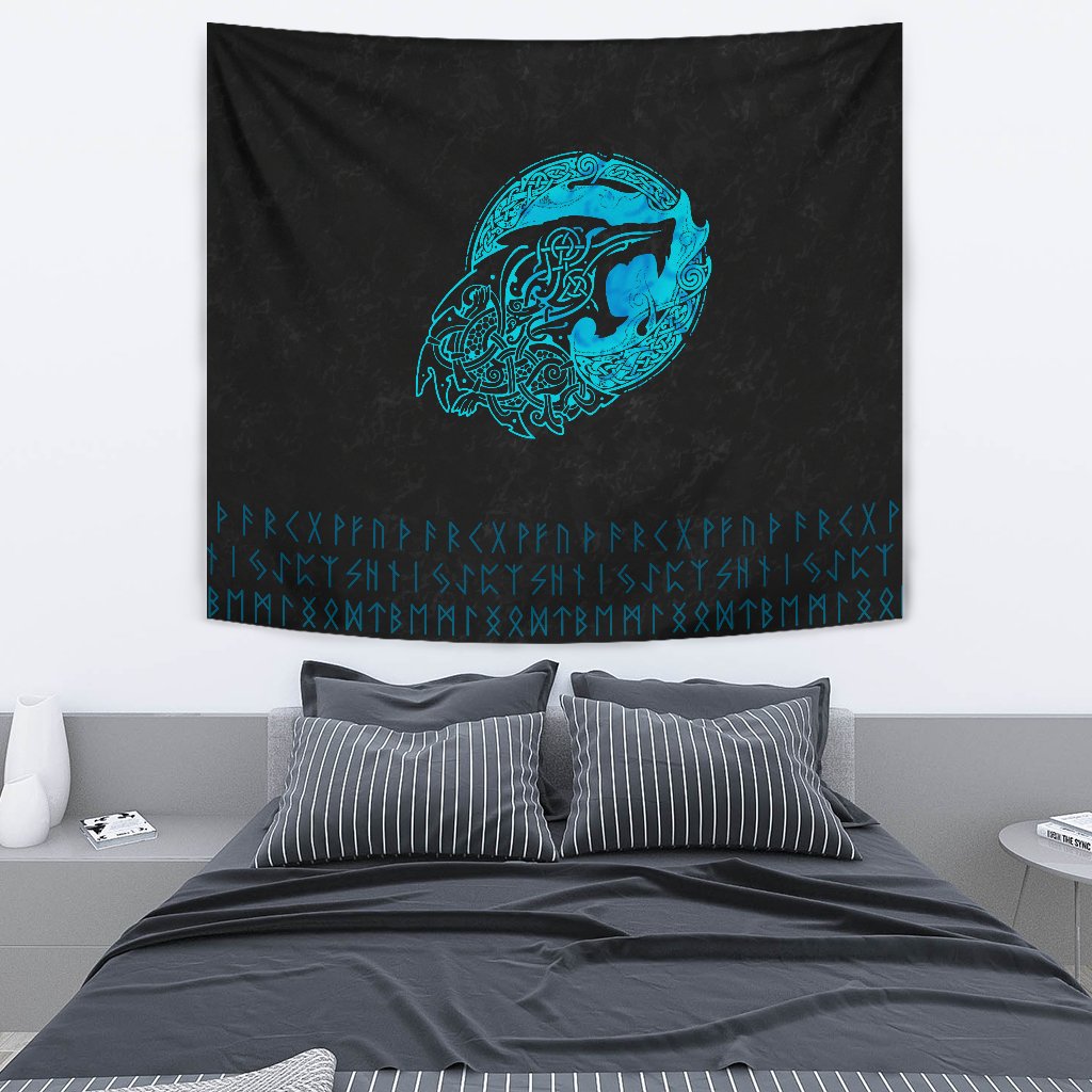 Viking Style Tapestry Fenrir Wolf Cyan for Wall Décor