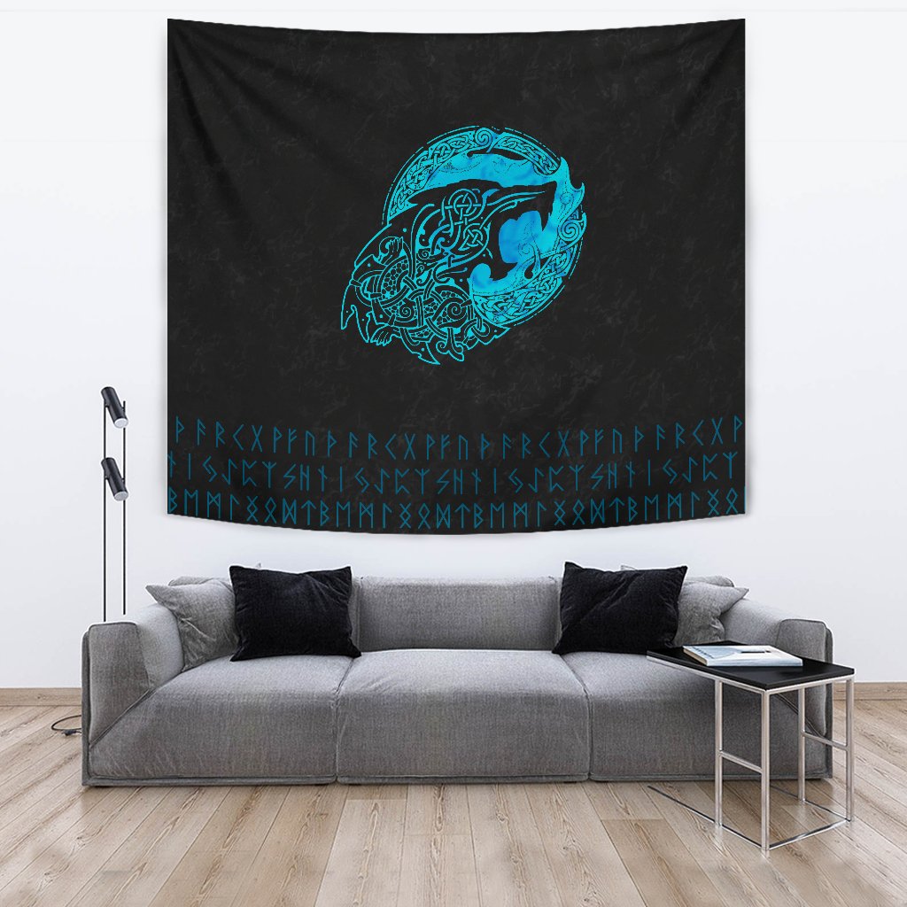 Viking Style Tapestry Fenrir Wolf Cyan for Wall Décor