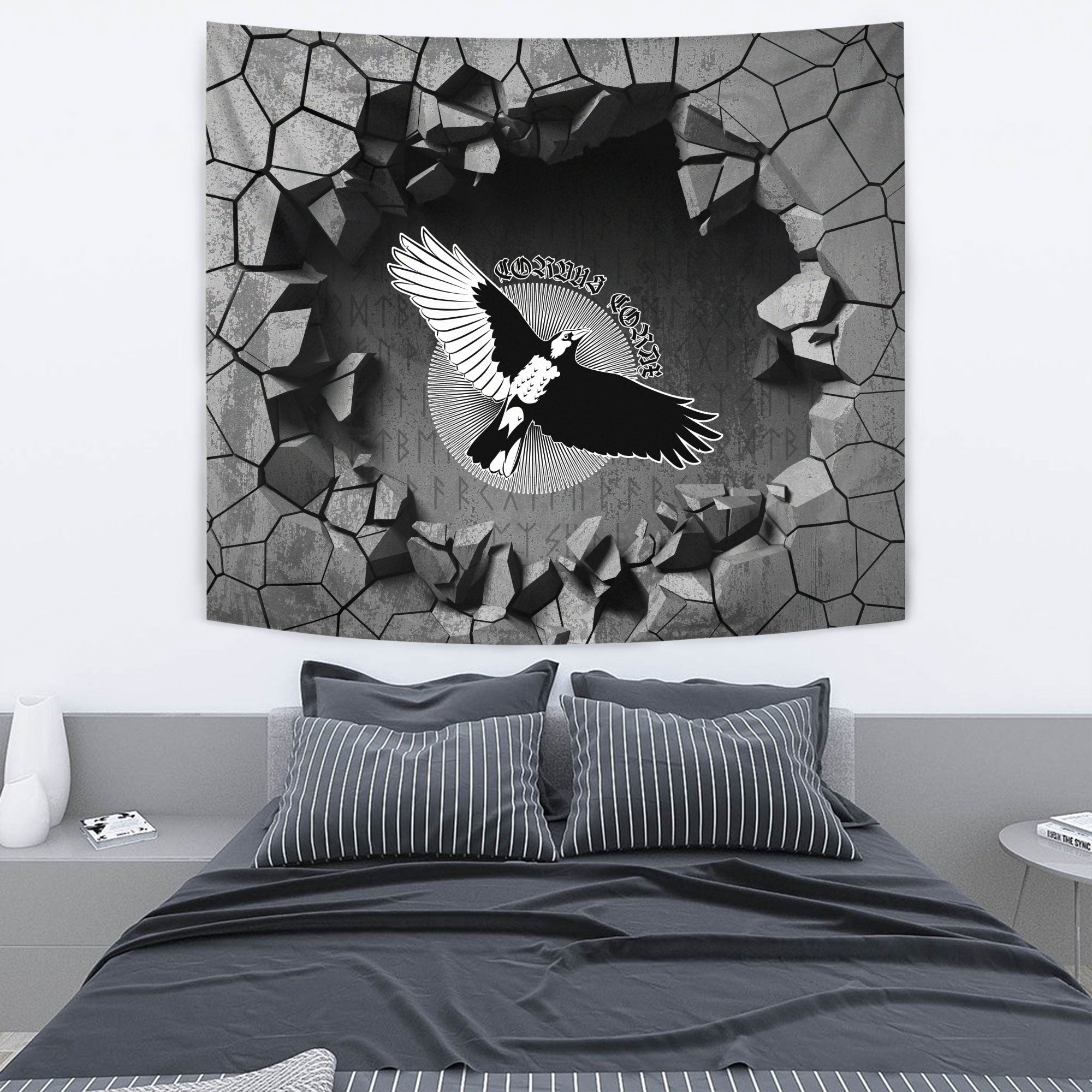 Viking Style Tapestry Fighting Axes Raven Skull Fantasy Warrior Inscription Hero Tapestry for Wall Décor