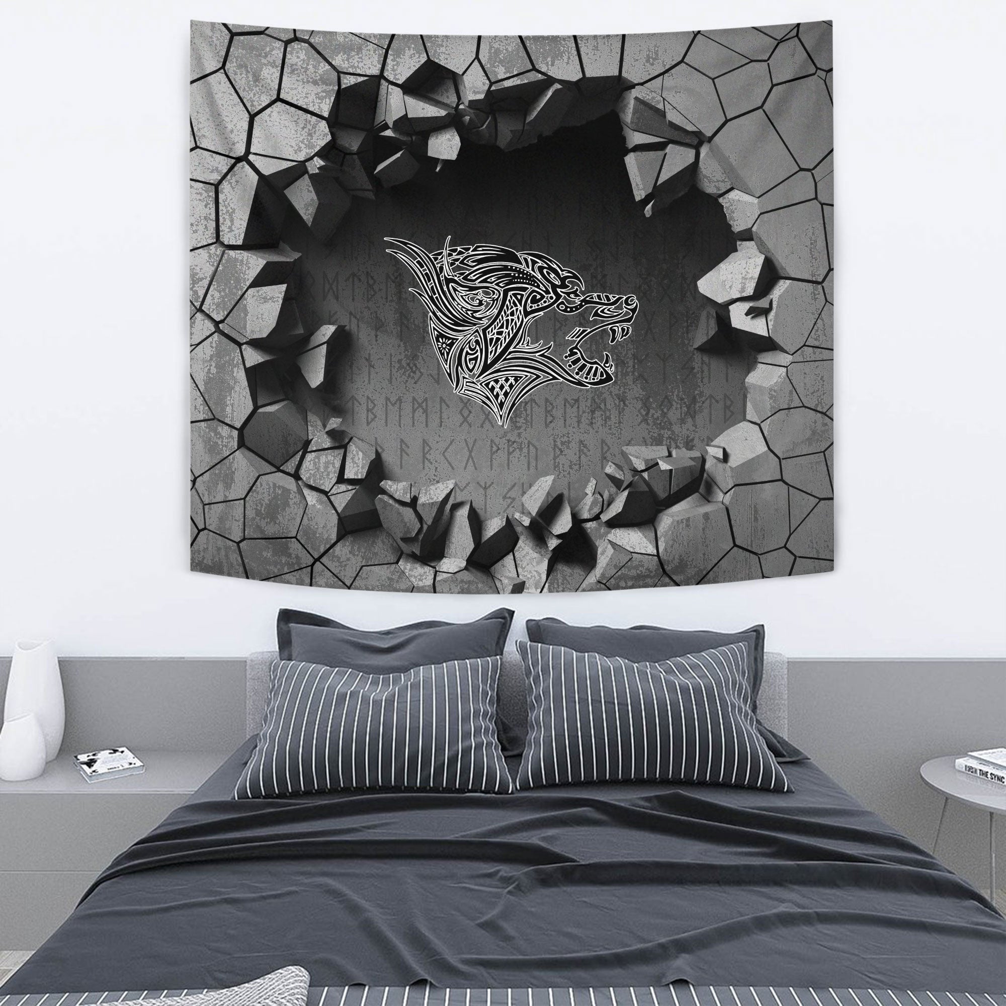 Viking Style Tapestry Green Demon With Horn Metal Helmet Tapestry for Wall Décor