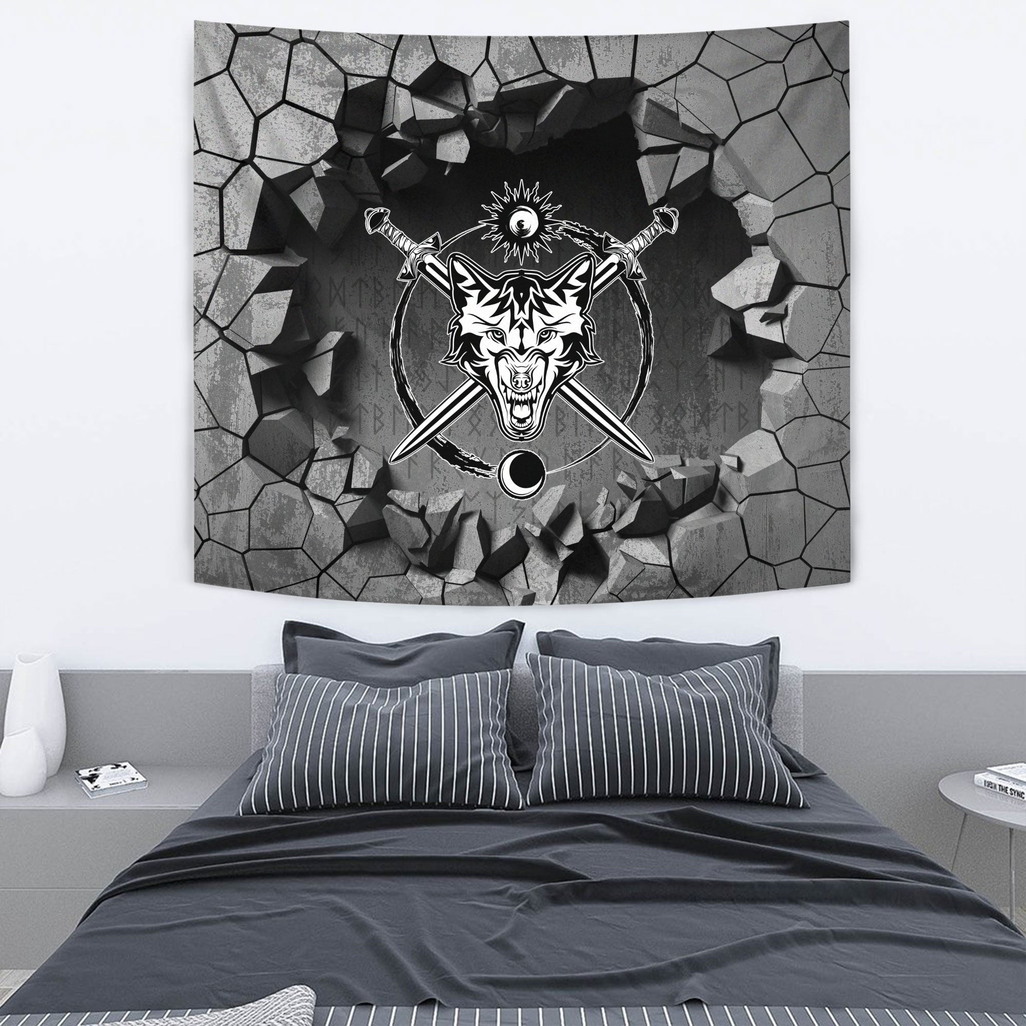 Viking Style Tapestry Hati and Skoll Runes Tapestry for Wall Décor