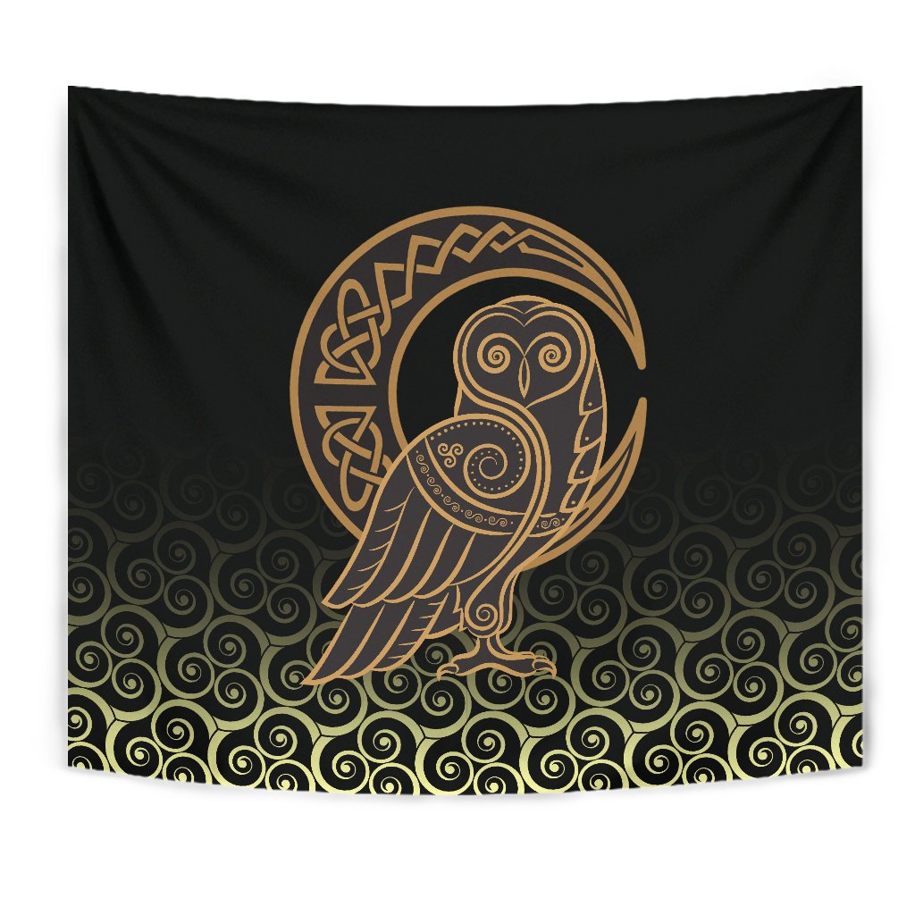 Viking Style Tapestry Owl Celtic On Triskels Background for Wall Décor