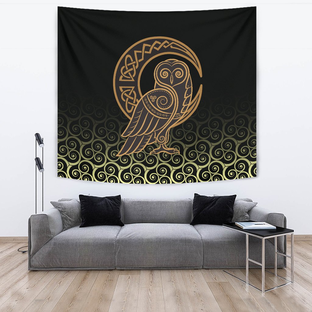 Viking Style Tapestry Owl Celtic On Triskels Background for Wall Décor