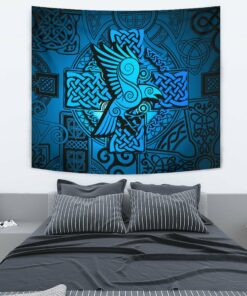 Viking Style Tapestry Raven Odin Celtic Cyan for Wall Décor