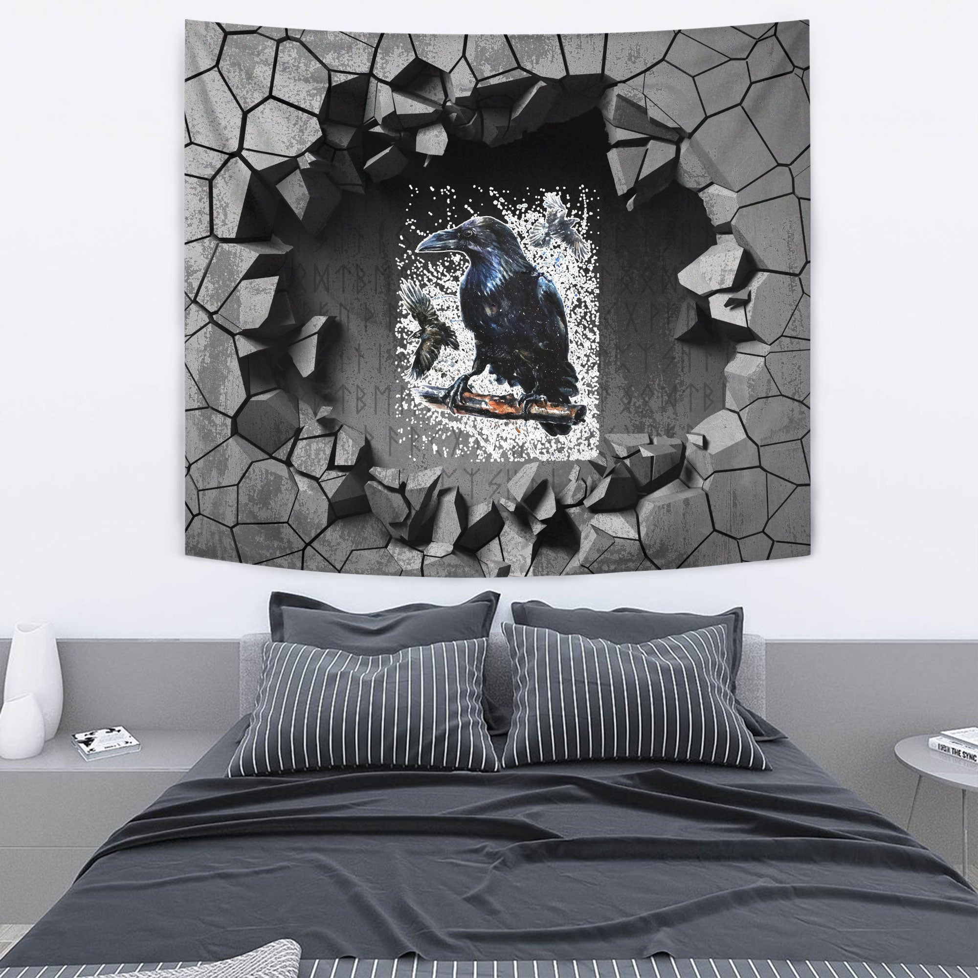 Viking Style Tapestry Raven With Open Wings Against Sacred Sign Of Vikings Tapestry for Wall Décor
